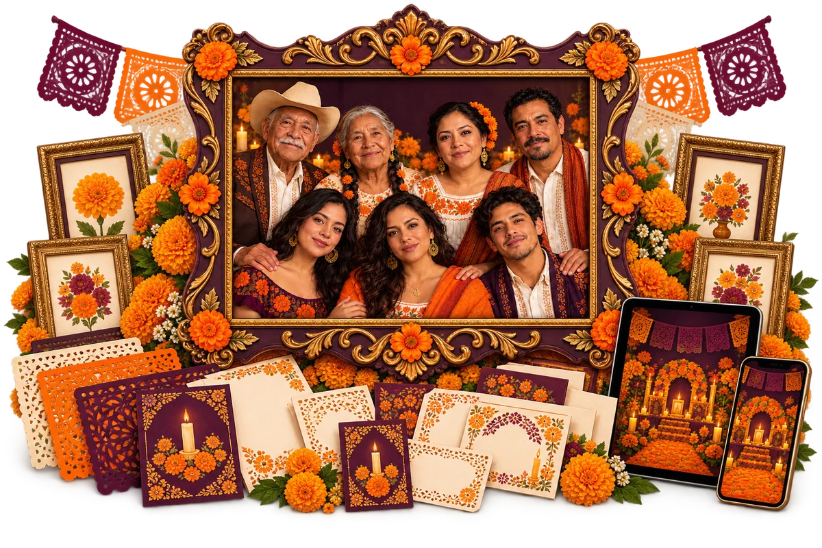 Combo Familia con un retrato de siete personas reunidas y una colección digital para la ofrenda