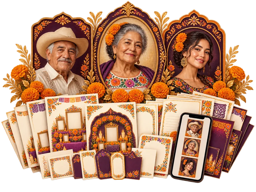 Representación del paquete Reencuentro Familia con tres retratos y el kit digital