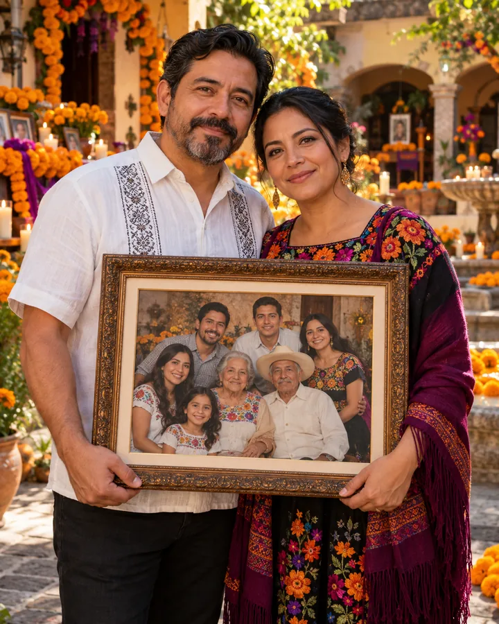 Pareja sosteniendo un retrato de toda su familia